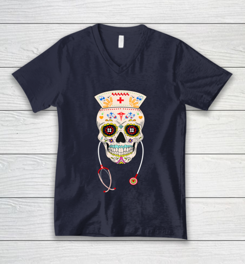 Nurse Sugar Skull Shirt Halloween Day Of The Dead Dia De Los V-Neck T-Shirt 2