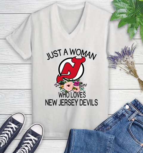 NHL Just A Woman Who Loves New Jersey Devils Hockey Sports Women's V-Neck T-Shirt