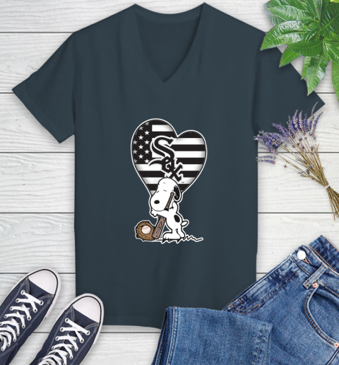Chicago White Sox MLB Baseball The Peanuts Movie Adorable Snoopy Women's V-Neck T-Shirt 8