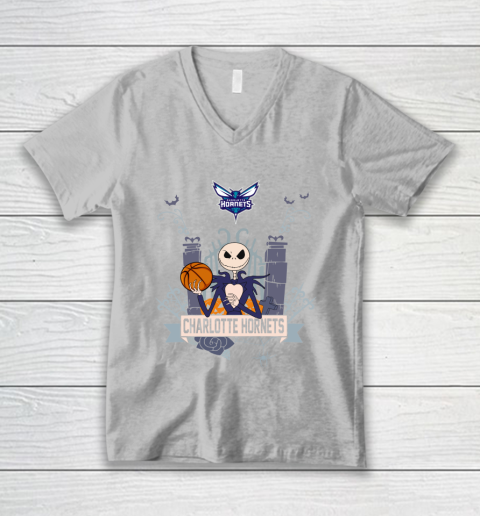 NBA Charlotte Hornets Basketball Jack Skellington Halloween V-Neck T-Shirt 3