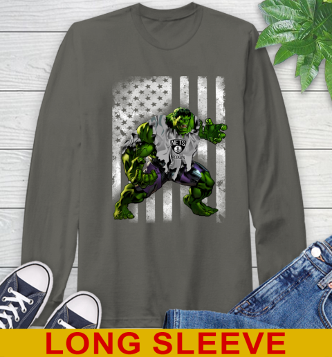 Brooklyn Nets Hulk Marvel Avengers NBA Basketball American Flag Long Sleeve T-Shirt 10