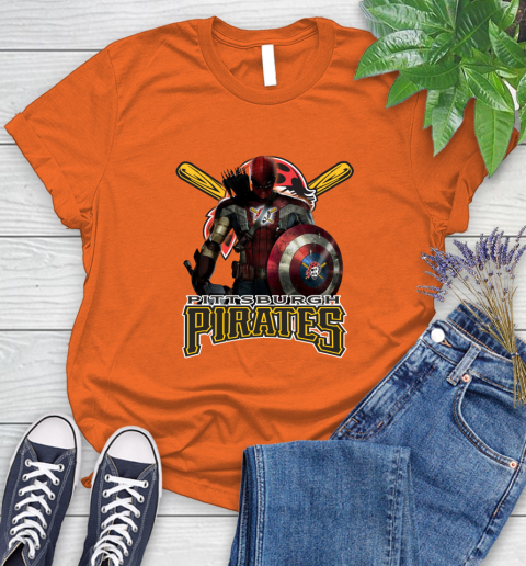 MLB Captain America Thor Spider Man Hawkeye Avengers Endgame Baseball Pittsburgh Pirates Women's T-Shirt 4
