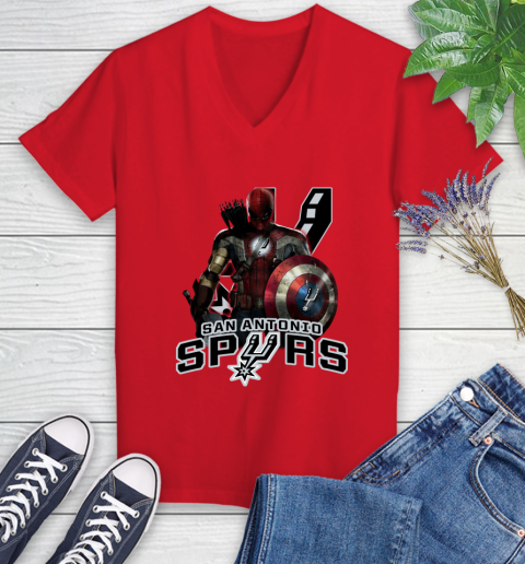San Antonio Spurs NBA Basketball Captain America Thor Spider Man Hawkeye Avengers Women's V-Neck T-Shirt 12