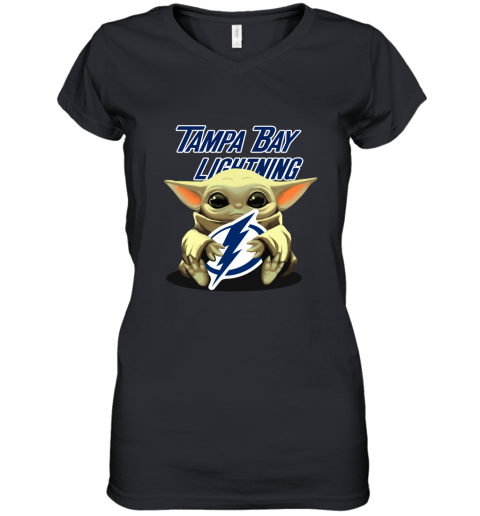 Baby Yoda Hugs The Tampa Bay Lightnings Ice Hockey Women's V-Neck T-Shirt