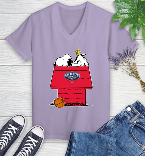 New Orleans Pelicans NBA Basketball Snoopy Woodstock The Peanuts Movie Women's V-Neck T-Shirt 14