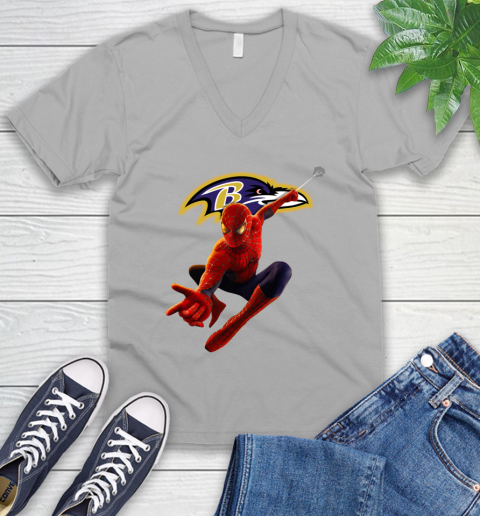 NFL Spider Man Avengers Endgame Football Baltimore Ravens V-Neck T-Shirt 4