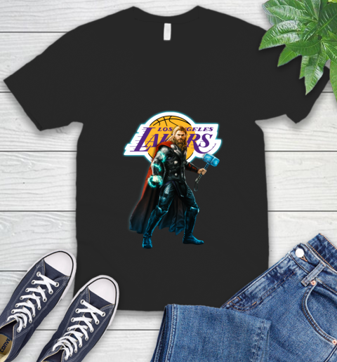 NBA Thor Avengers Endgame Basketball Los Angeles Lakers V-Neck T-Shirt 2
