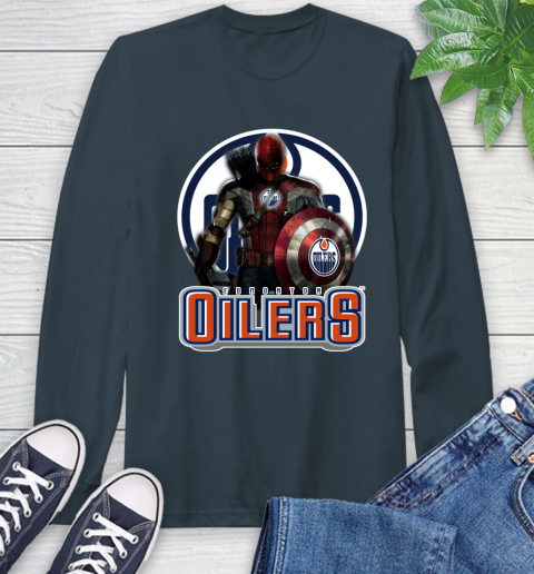 NHL Captain America Thor Spider Man Hawkeye Avengers Endgame Hockey Edmonton Oilers Long Sleeve T-Shirt 8