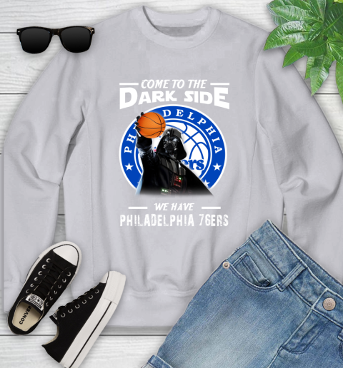 NBA Come To The Dark Side We Have Philadelphia 76ers Star Wars Darth Vader Basketball Youth Sweatshirt 3