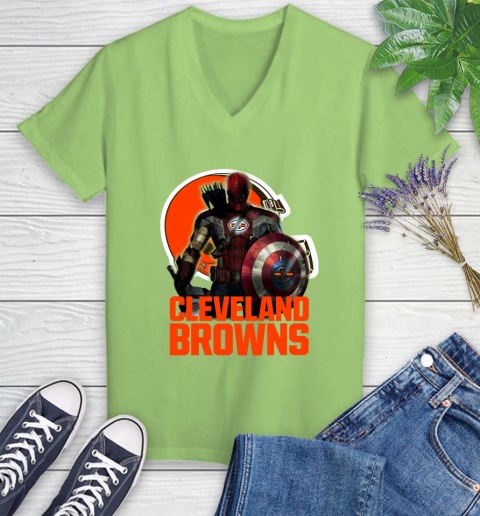 NFL Captain America Thor Spider Man Hawkeye Avengers Endgame Football Cleveland Browns Women's V-Neck T-Shirt 11