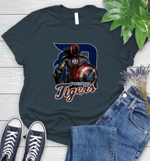 MLB Captain America Thor Spider Man Hawkeye Avengers Endgame Baseball Detroit Tigers Women's T-Shirt 8