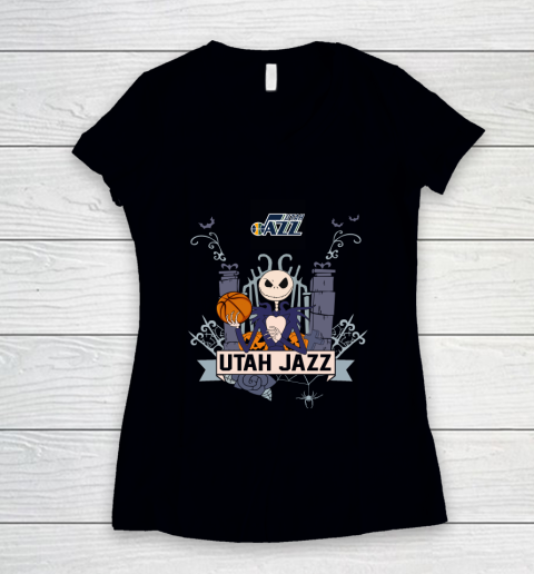 NBA Utah Jazz Basketball Jack Skellington Halloween Women's V-Neck T-Shirt