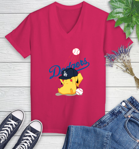 MLB Pikachu Baseball Sports Los Angeles Dodgers Women's V-Neck T-Shirt 9