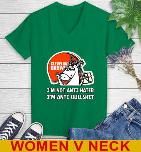Cleveland Browns NFL Football Unicorn I'm Not Anti Hater I'm Anti Bullshit Women's V-Neck T-Shirt 6