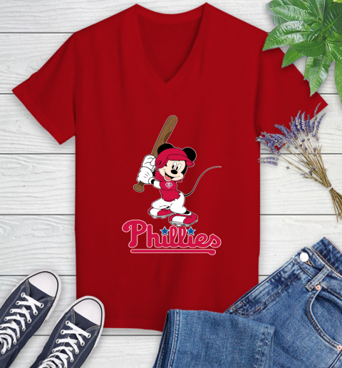 MLB Baseball Philadelphia Phillies Cheerful Mickey Mouse Shirt Women's V-Neck T-Shirt 10
