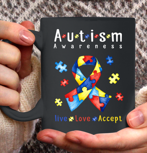 Live Love Accept Autism Awareness Month Ribbon Puzzle Ceramic Mug 11oz