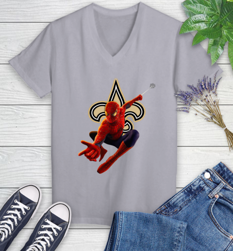 NFL Spider Man Avengers Endgame Football New Orleans Saints Women's V-Neck T-Shirt 4