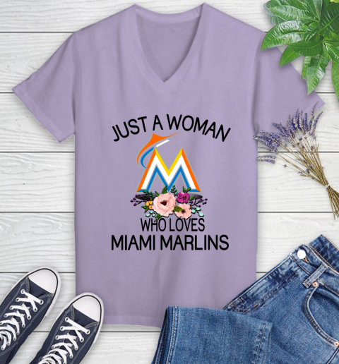 MLB Just A Woman Who Loves Miami Marlins Baseball Sports Women's V-Neck T-Shirt 9