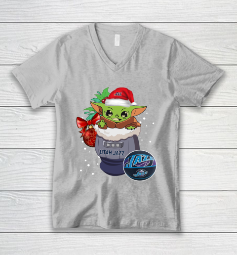 Utah Jazz Christmas Baby Yoda Star Wars Funny Happy NBA V-Neck T-Shirt 4