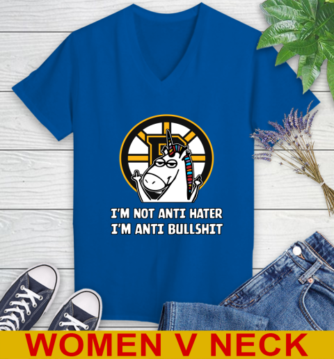 Boston Bruins NHL Hockey Unicorn I'm Not Anti Hater I'm Anti Bullshit Women's V-Neck T-Shirt 11