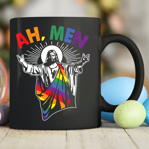 Ah Men Funny LGBT Gay Pride Jesus Rainbow Flag Christian Ceramic Mug 11oz