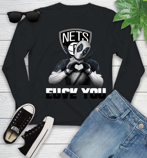 NBA Brooklyn Nets Deadpool Love You Fuck You Basketball Sports Youth Long Sleeve