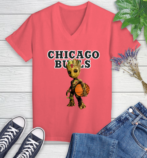 Chicago Bulls NBA Basketball Groot Marvel Guardians Of The Galaxy Women's V-Neck T-Shirt 6