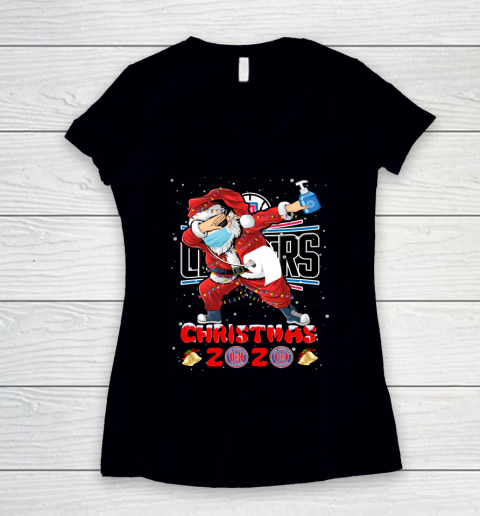 LA Clippers Funny Santa Claus Dabbing Christmas 2020 NBA Women's V-Neck T-Shirt