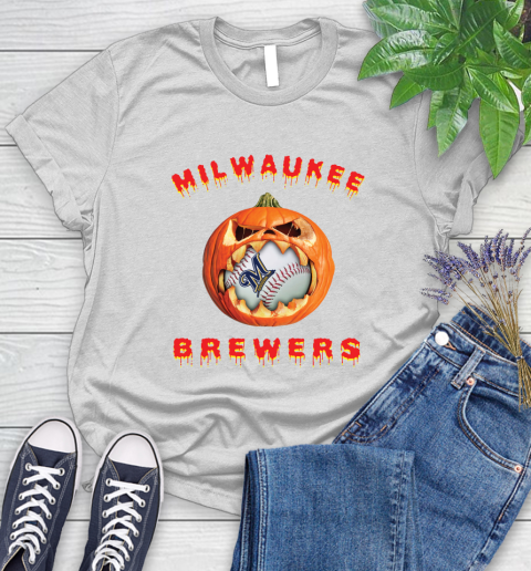 MLB Milwaukee Brewers Halloween Pumpkin Baseball Sports Women's T-Shirt