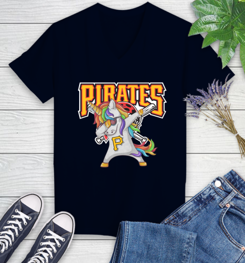 Pittsburgh Pirates MLB Baseball Funny Unicorn Dabbing Sports Women's V-Neck T-Shirt 3