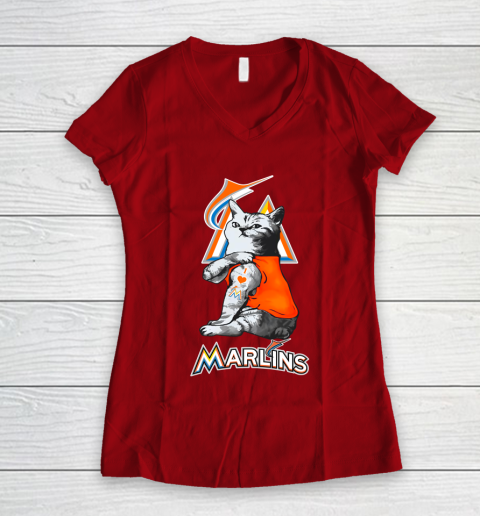 MLB Baseball My Cat Loves Miami Marlins Women's V-Neck T-Shirt 8