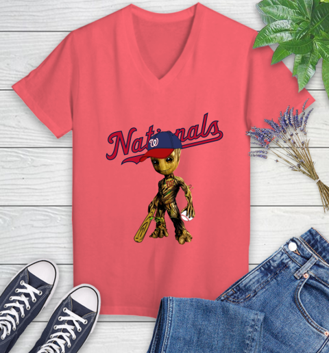 MLB Washington Nationals Groot Guardians Of The Galaxy Baseball Women's V-Neck T-Shirt 6