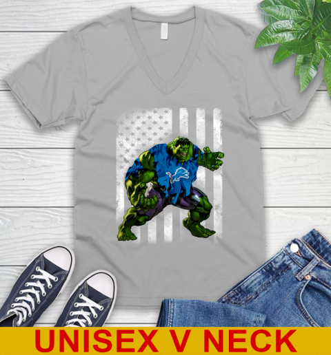 Detroit Lions Hulk Marvel Avengers NFL Football American Flag V-Neck T-Shirt 3