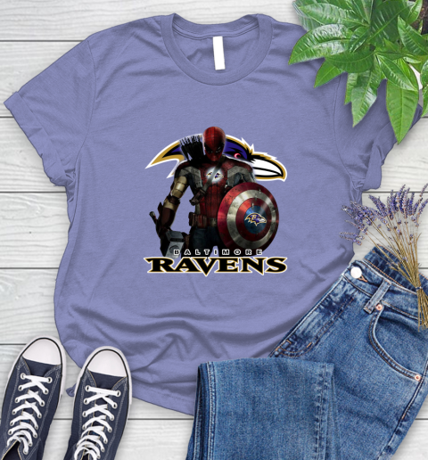 NFL Captain America Thor Spider Man Hawkeye Avengers Endgame Football Baltimore Ravens Women's T-Shirt 11