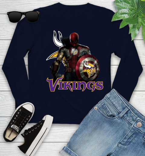 NFL Captain America Thor Spider Man Hawkeye Avengers Endgame Football Minnesota Vikings Youth Long Sleeve 3