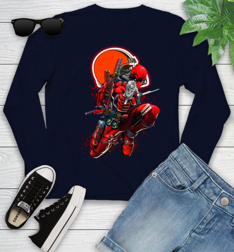 NFL Deadpool Marvel Comics Sports Football Cleveland Browns Youth Long Sleeve 3