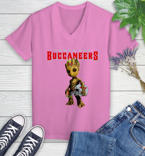 Tampa Bay Buccaneers NFL Football Groot Marvel Guardians Of The Galaxy Women's V-Neck T-Shirt 14
