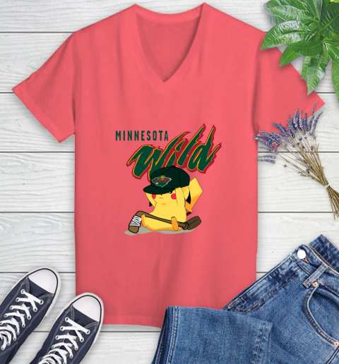 NHL Pikachu Hockey Sports Minnesota Wild Women's V-Neck T-Shirt 6