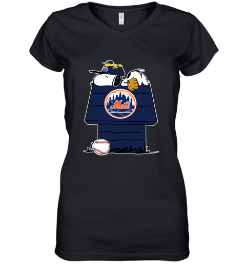 MLB New York Mets Snoopy Woodstock The Peanuts Movie Baseball T Shirt WzRKrZw4GNV women v neck t shirt 39 95 151514 front black