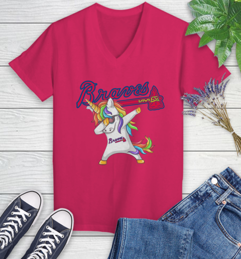 Atlanta Braves MLB Baseball Funny Unicorn Dabbing Sports Women's V-Neck T-Shirt 9
