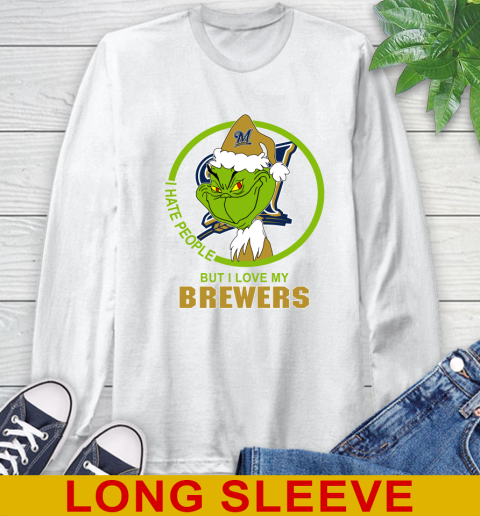 Milwaukee Brewers MLB Christmas Grinch I Hate People But I Love My Favorite Baseball Team Long Sleeve T-Shirt