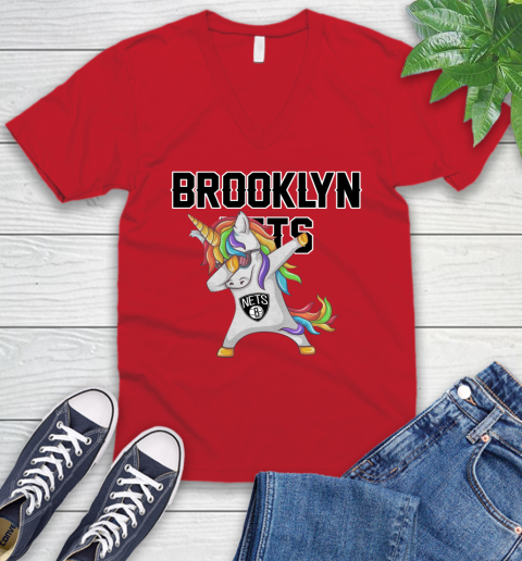 Brooklyn Nets NBA Basketball Funny Unicorn Dabbing Sports V-Neck T-Shirt 7