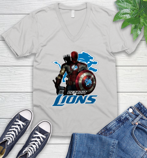 NFL Captain America Thor Spider Man Hawkeye Avengers Endgame Football Detroit Lions V-Neck T-Shirt