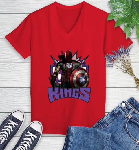 Sacramento Kings NBA Basketball Captain America Thor Spider Man Hawkeye Avengers Women's V-Neck T-Shirt 12