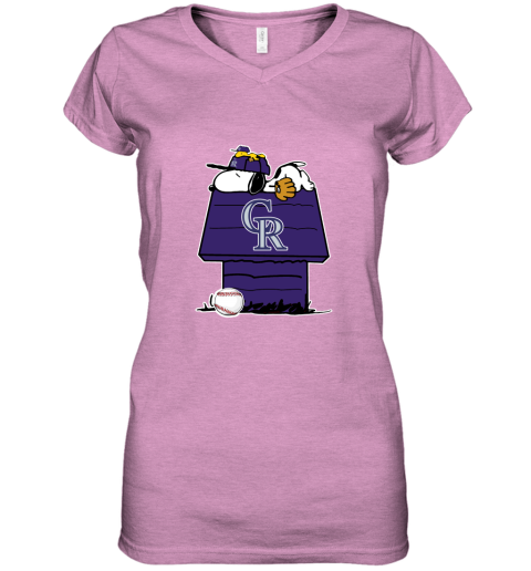 Colorado Rockies Snoopy And Woodstock Resting Together MLB Women's V-Neck T-Shirt
