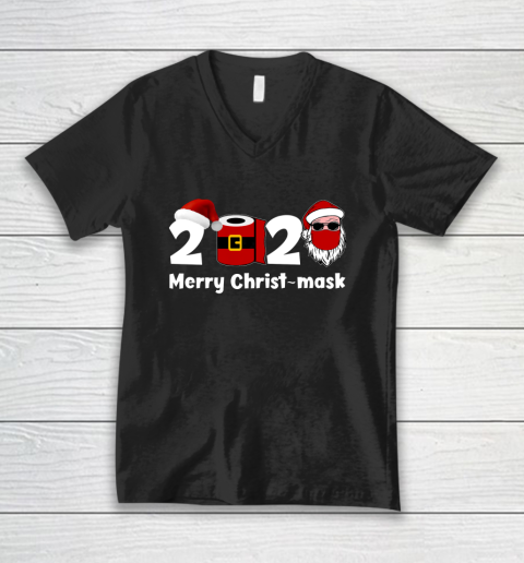 Merry Quarantine Christmas 2020 T shirt Santa Face Mask Gift V-Neck T-Shirt