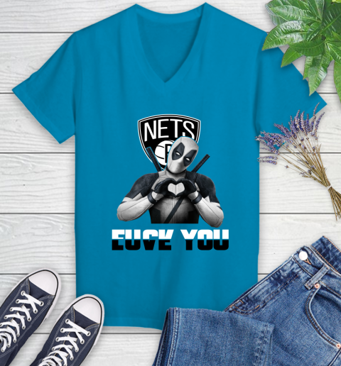 NBA Brooklyn Nets Deadpool Love You Fuck You Basketball Sports Women's V-Neck T-Shirt 7