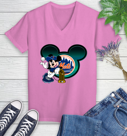 MLB New York Mets The Commissioner's Trophy Mickey Mouse Disney Women's V-Neck T-Shirt 14