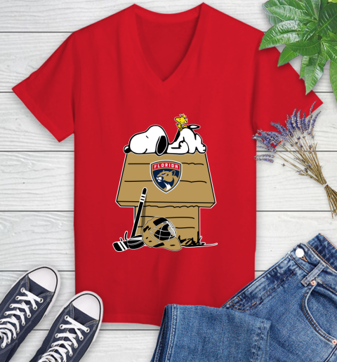 Florida Panthers NHL Hockey Snoopy Woodstock The Peanuts Movie Women's V-Neck T-Shirt 12