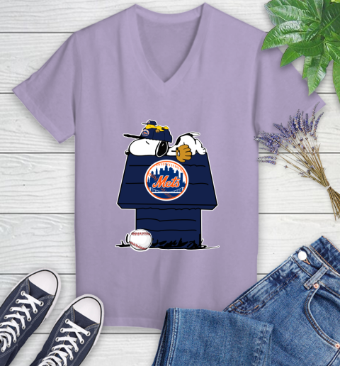 MLB New York Mets Snoopy Woodstock The Peanuts Movie Baseball T Shirt Women's V-Neck T-Shirt 14